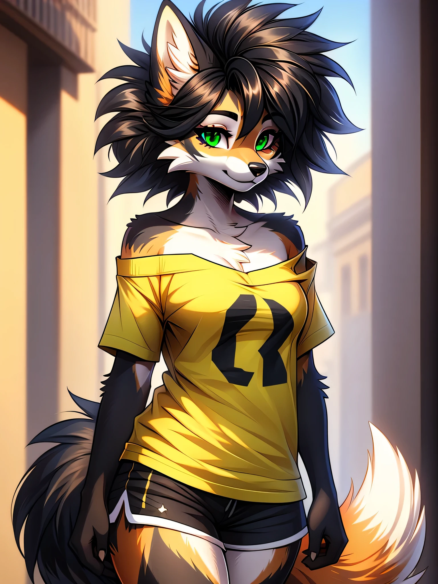 cel shading, detailed eyes, best quality, highly detailed, masterpiece, best quality, solo female, fox fursona, hair between eyes, poofy hair, black hair, off-shoulder tshirt, scene hair, green eyes, shorts, 