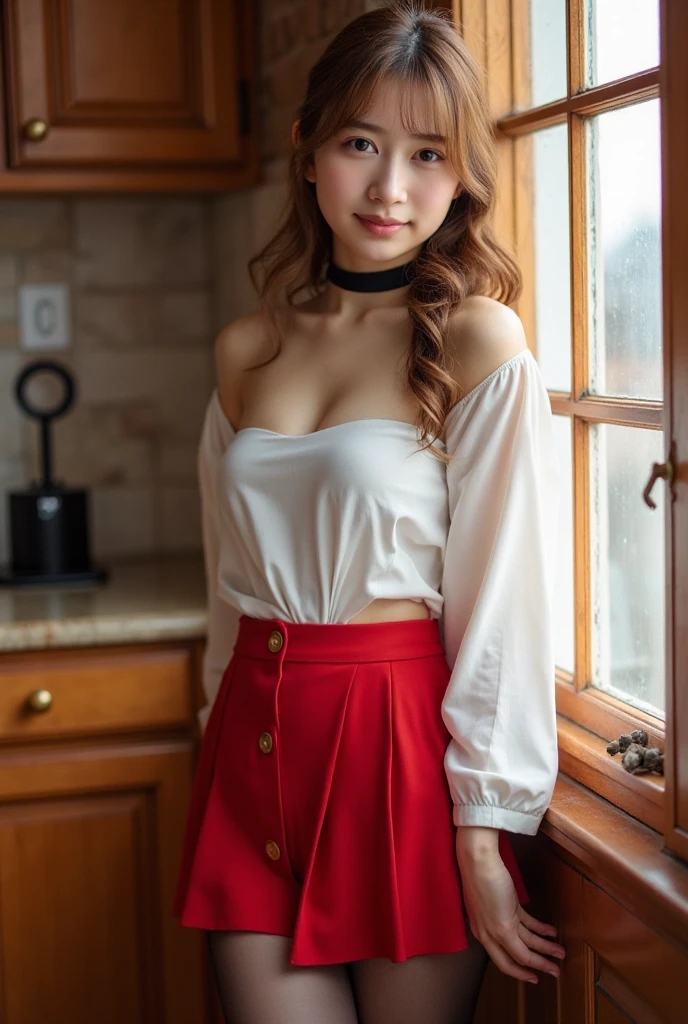 ulzzang -6500-v1.1, (Raw photo:1.2), (Photorealsitic), a beautiful detailed girl, (Real: 1.4), ighly detailedな目と顔, beatiful detailed eyes, (Strapless blouse, flered skirt, Ultra-realistic pantyhose:1.2, a black choker)、full body Esbian、 (Very affectionate smile:1.2)、huge filesize, hight resolution, ighly detailed, top-quality, [​masterpiece:1.6], illustratio, ighly detailed, nffsw, finely detail, top-quality, 8k wallpaper, Cinematographic lighting, 1girl in, , perfect body type, cute droopy eyes beautiful big eyes、Pieckfinger, ((masutepiece)), Best Quality, 1girl in, eye shadow, Upper body, Portrait, ((FULL BODYSHOT:1.6))、