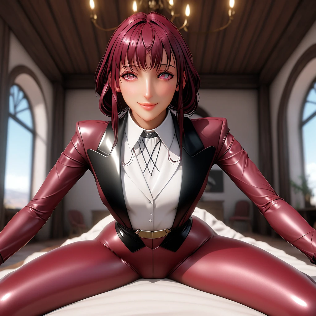 Kafka,(masterpiece, best quality :1.2), 1 Girl, unique,front view，beautiful face smile,Shiny_Sitting astride, realistic，3d，Unreal Engine 5，skin Texture，Having sex with a boyfriend，eyes