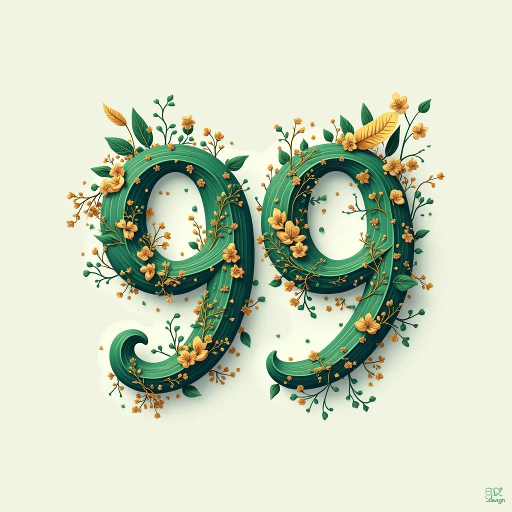 Design a logo with detailed illustrations for “99designs by Vista.” Use unique colors like emerald green and gold. The design should be intricate and sophisticated, with the icon separate from the name, as if a graphic designer had professionally designed and developed the logo for a freelance website.