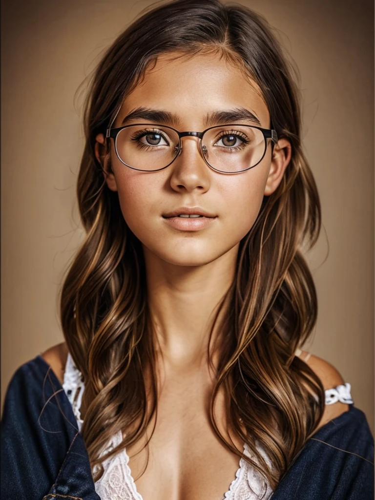 Realistic photo of a tween  of European appearance, slightly curly brown thick hair below the shoulder blades(to the middle of the back); Large shiny dark brown eyes, long eyelashes, eyeglasses(The natural shine of glasses), thick eyebrows, Serious, хмурая, A bored look, looks at the camera from under his eyebrows(a slight tilt of the head forward and down), In the look you can read the desire to leave here; white training bra; Without cosmetics, Unadorned; Straight posture(Photography for documents), sits directly on camera, Direct view(full face); Professional studio photography with a film SLR camera("Zorkiy-4"), (passport photo), hight resolution, Natural Realistic Detailed Skin Texture, natural lightin, 8K, Texture of the photo card, Maximum photorealism