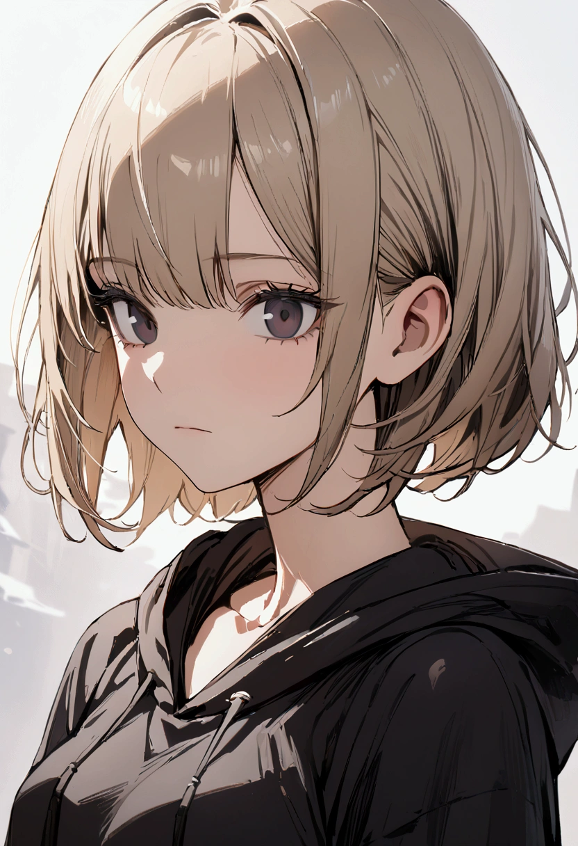 one girl, pretty face, dark eyes, ash blonde, wolf hair cut, short bob cut and chest-length hair, loose fit black hoodie, slim figure, small breasts, kuudere, expressionless, sluggish, close up, masterpiece, best quality