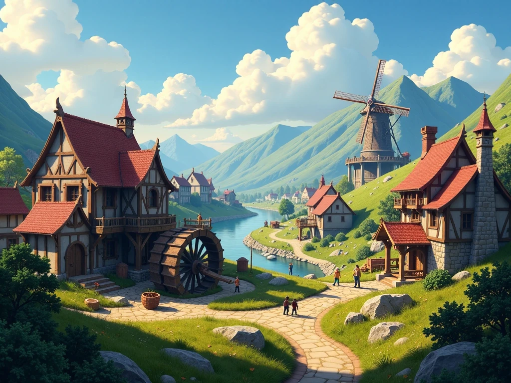 Vibrant medieval village in construction, featuring red-roofed houses, a large waterwheel, and a windmill. Scaffolding surrounds wooden frameworks, with rivers and grassy pathways. Bright colors, lush hills, clear blue sky.