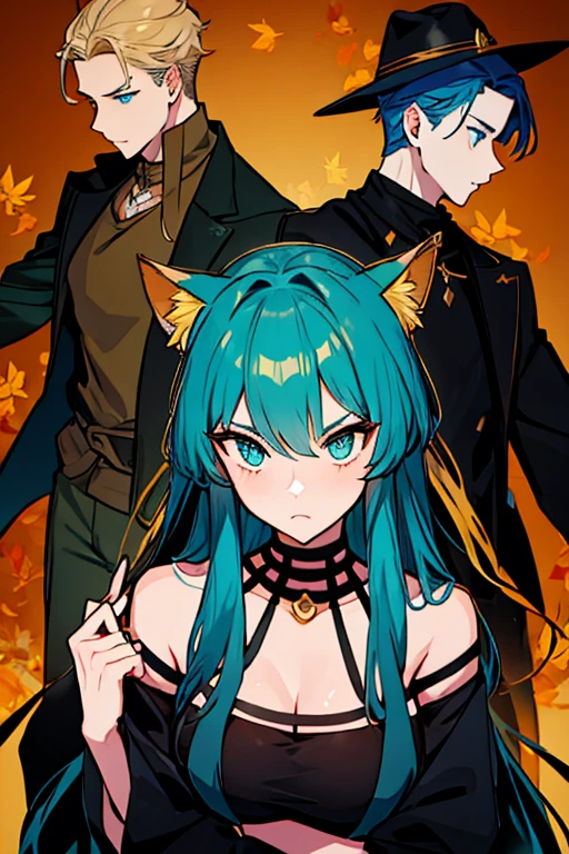 ( Brown-haired girl with turquoise tips ) (fox ears) (dressed in "Your counterfeiter" black color) (turquoise blue eyes) (Thousand:  needle-shaped pointed golden leaf  ) ( short hair , with long tufts of hair ) (look: He would be) (  sexy black dress ) ( big breasts ) (expression: Cold and serious), (a la defensa com la  needle-shaped pointed golden leaf )                           Serious blue-eyed blond haired mafia boy holding his hat