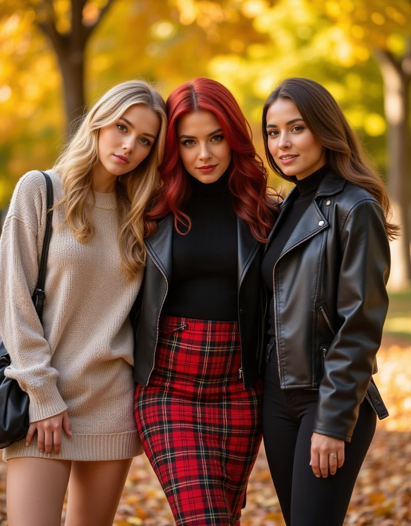 Ultra high resolution, alluring redhead model with a curvy silhouette in a fitted plaid skirt and turtleneck, playfully posing with her beautiful blonde friend in a stylish sweater dress and her gorgeous brunette friend in a chic leather jacket. They are in a park surrounded by colorful autumn leaves, all looking confidently at the camera, warm sunlight highlighting their features, full body photography.