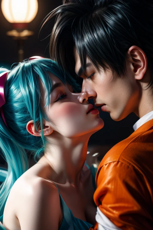 anime couple kissing in front of a lamp, Goku and Nakano Miku, in a dark room, (Nakano Miku kissing Gaku), 8k)), BREAK, (Nakano Miku, brown hair), BREAK, (Goku, hair black), remarkable art, 8k, professional digital art, photorealistic anime