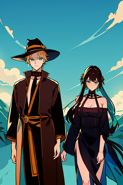 ( Brown-haired girl with turquoise tips ) (fox ears) (dressed in "Your counterfeiter" black color) (turquoise blue eyes) (Thousand:  needle-shaped pointed golden leaf  ) ( short hair , with long tufts of hair ) (look: He would be) (  sexy black dress ) ( big breasts ) (expression: Cold and serious), (a la defensa com la  needle-shaped pointed golden leaf )                           Serious blue-eyed blond haired mafia boy holding his hat