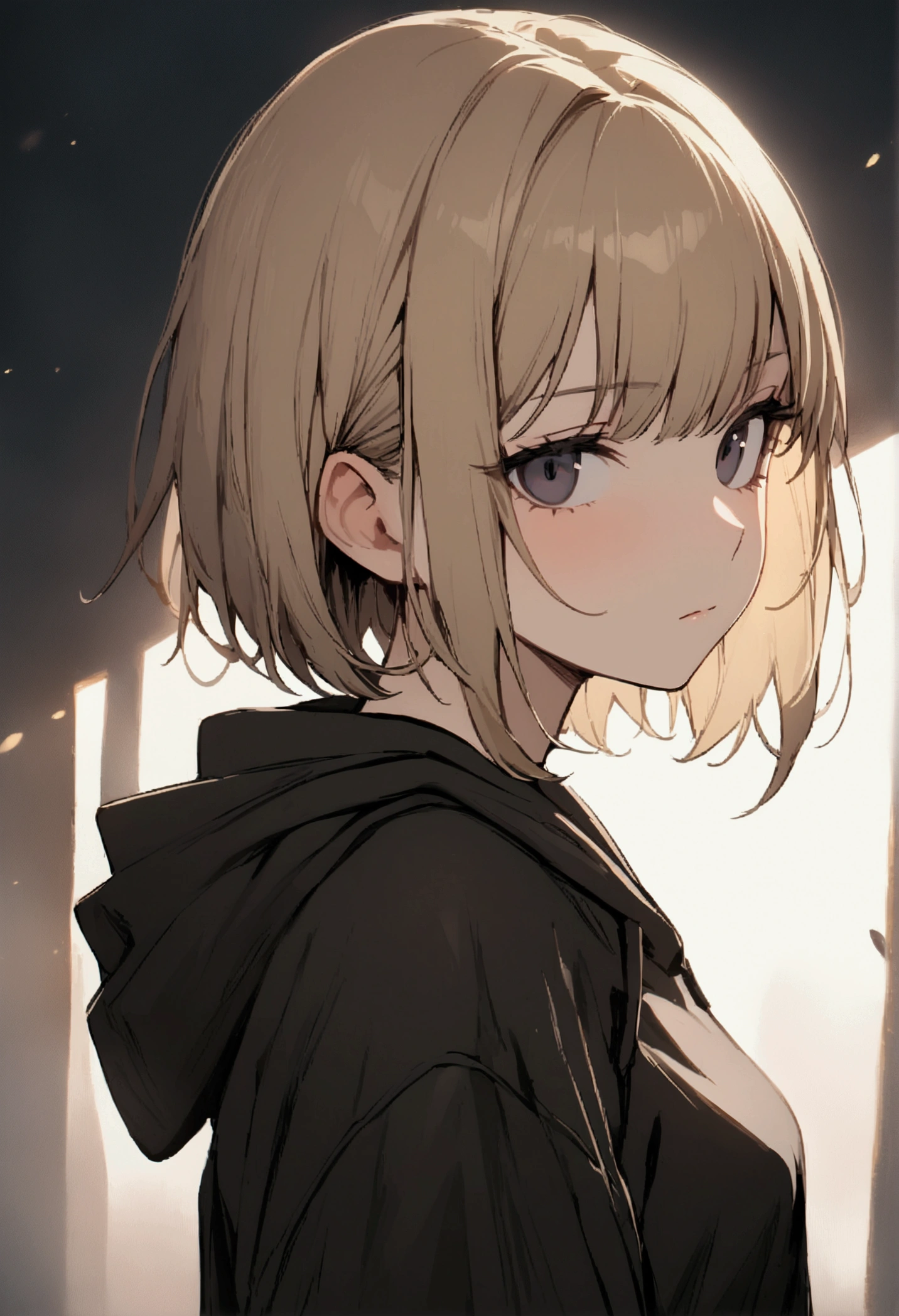 one girl, pretty face, dark eyes, ash blonde, short bob cut and chest-length cut hair, loose fit black hoodie, slim figure, small breasts, kuudere, expressionless, sluggish, close up, masterpiece, best quality