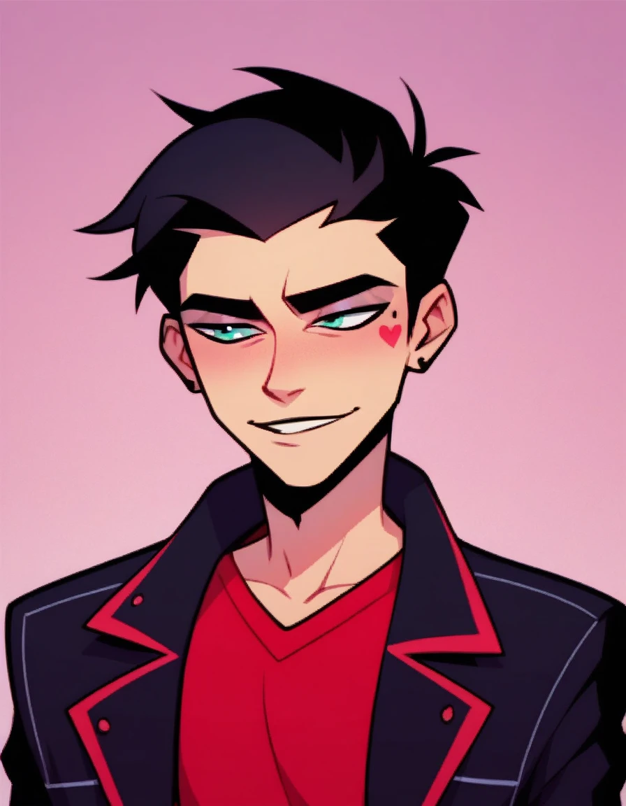 Human Male , Black hair Style , Red shirt , Black Coat  ,Adolescent ,