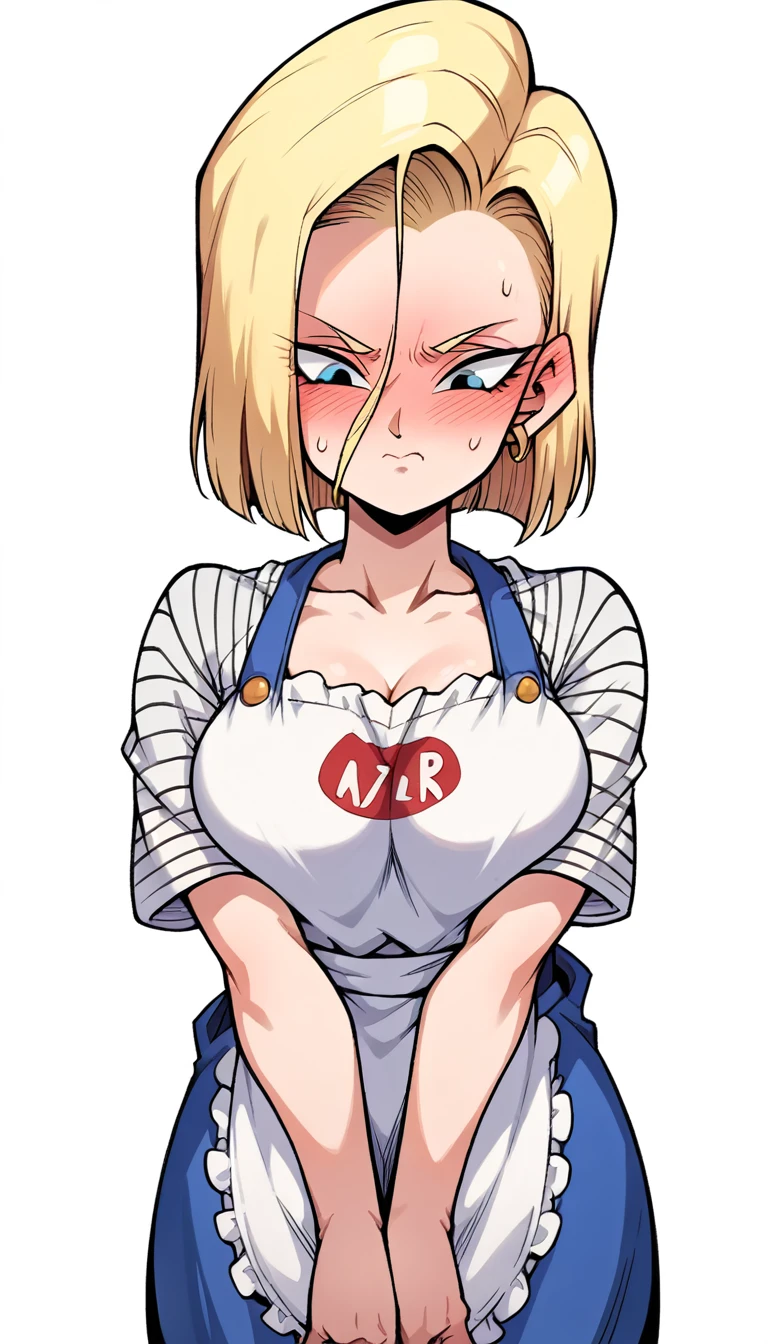 Android 18, mature female, breasts, posing embarrassed, red face, embarrassed, Ashamed, Suspender Naked Apron, V-arms