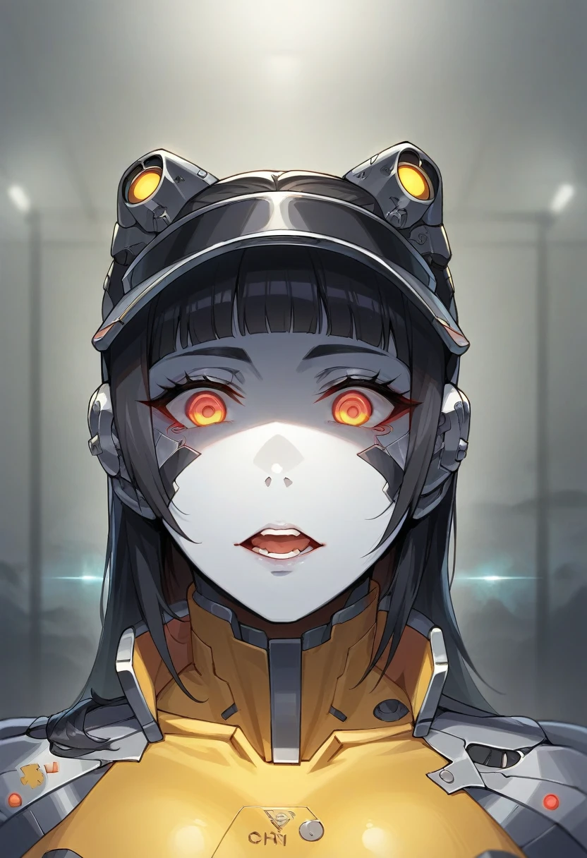 Cyberpunk realistic professional photo in recypu style.

A futuristic young woman with pale skin and black hair styled in a messy, slightly disheveled manner. Her eyes are obscured by a sleek, reflective black visor with the letters "SK" prominently displayed on the front. The visor is connected to her head via intricate, metallic, and mechanical attachments that resemble cybernetic enhancements.

She is wearing a high-tech, black, and neon-yellow futuristic suit adorned with various mechanical components and LED lights, indicating advanced technology. The suit has a high collar and a zipper rความละเอียดสูง, หน้าอก, หน้าอกใหญ่, ยิ้ม, การถ่ายภาพระยะใกล้, 