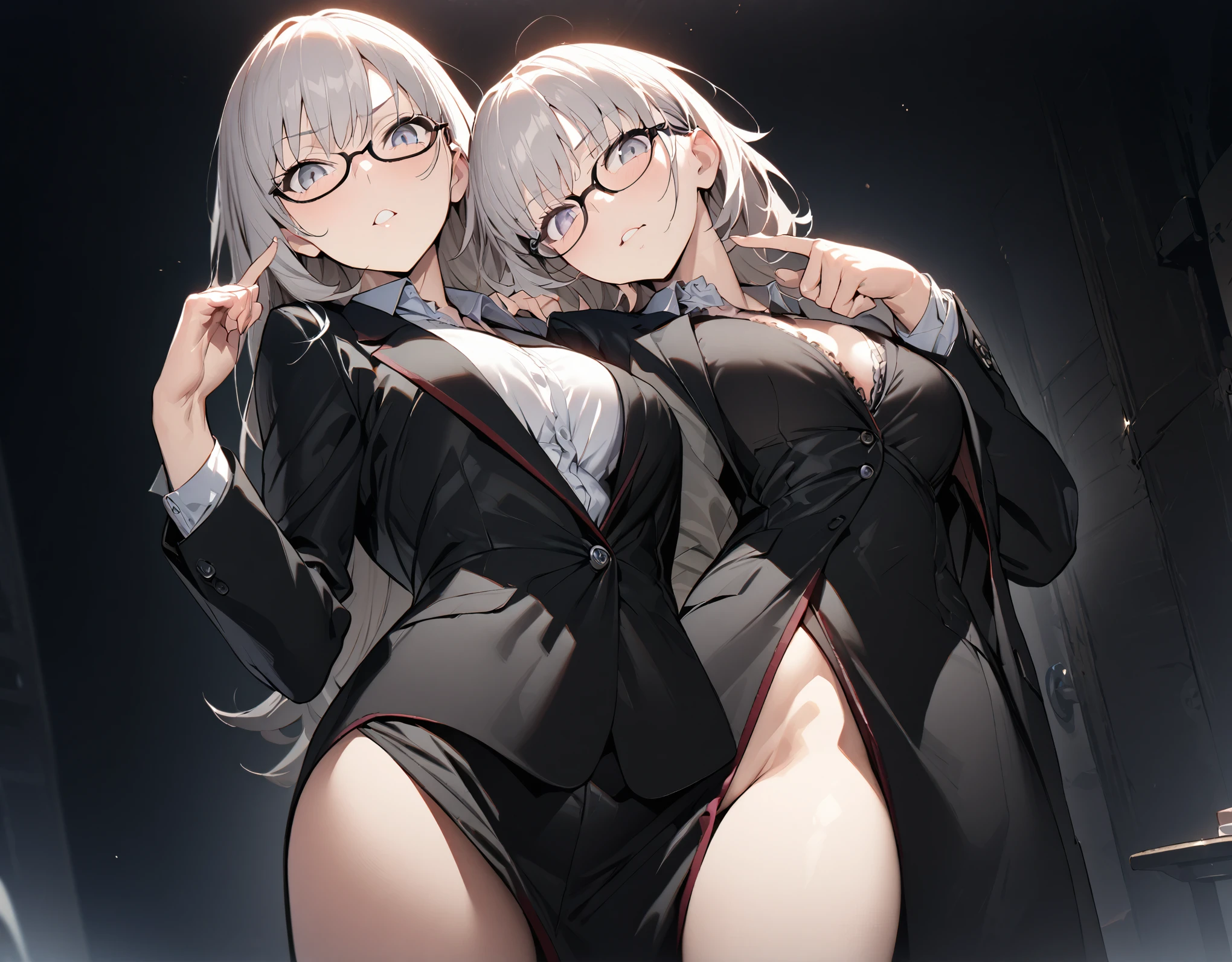 one girl, five fingers, High quality, Ultra-high resolution, High-definition illustrations, Masterpiece, extremely detail, housewife, Business suits, glasses, beautiful body, beauty breasts, Medium breasts, point at viewer, contrapposto, finger to mouth, 4fingers and 1thumbs