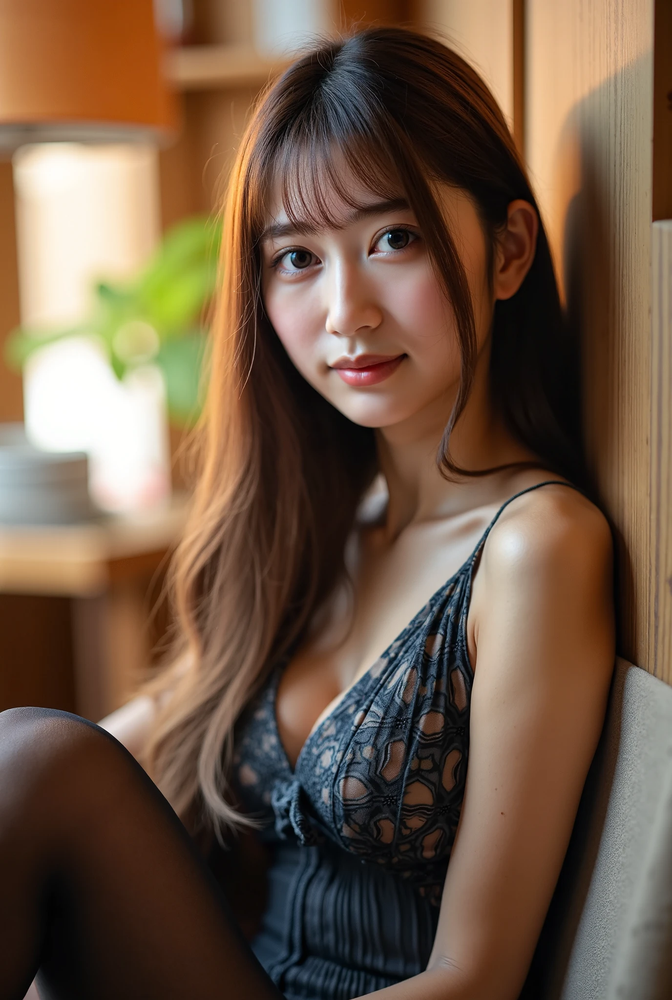 Ulchan-6500-v1.1, (RAW photo:1.2), (Photoreal), a beautiful detailed slender girl, (genuine: 1.4),  beautiful and fine eyes, Vests with various patterns、((Sitting with legs aligned:1.3))、(super realistic pantyhose:1.2), (high heels)、((Business service))、(very affectionate smile:1.2)、huge file size, High resolution, very detailed, highest quality, [masterpiece:1.6], enlightenment, very detailed, finely, highest quality, 8k wallpaper, movie lighting, 1 girl, 26 years old, perfect body shape, Cute droopy eyes、beautiful big eyes、highest quality, 1 girl, eye shadow, Upper body, portrait, ((full body shot:1.3))、