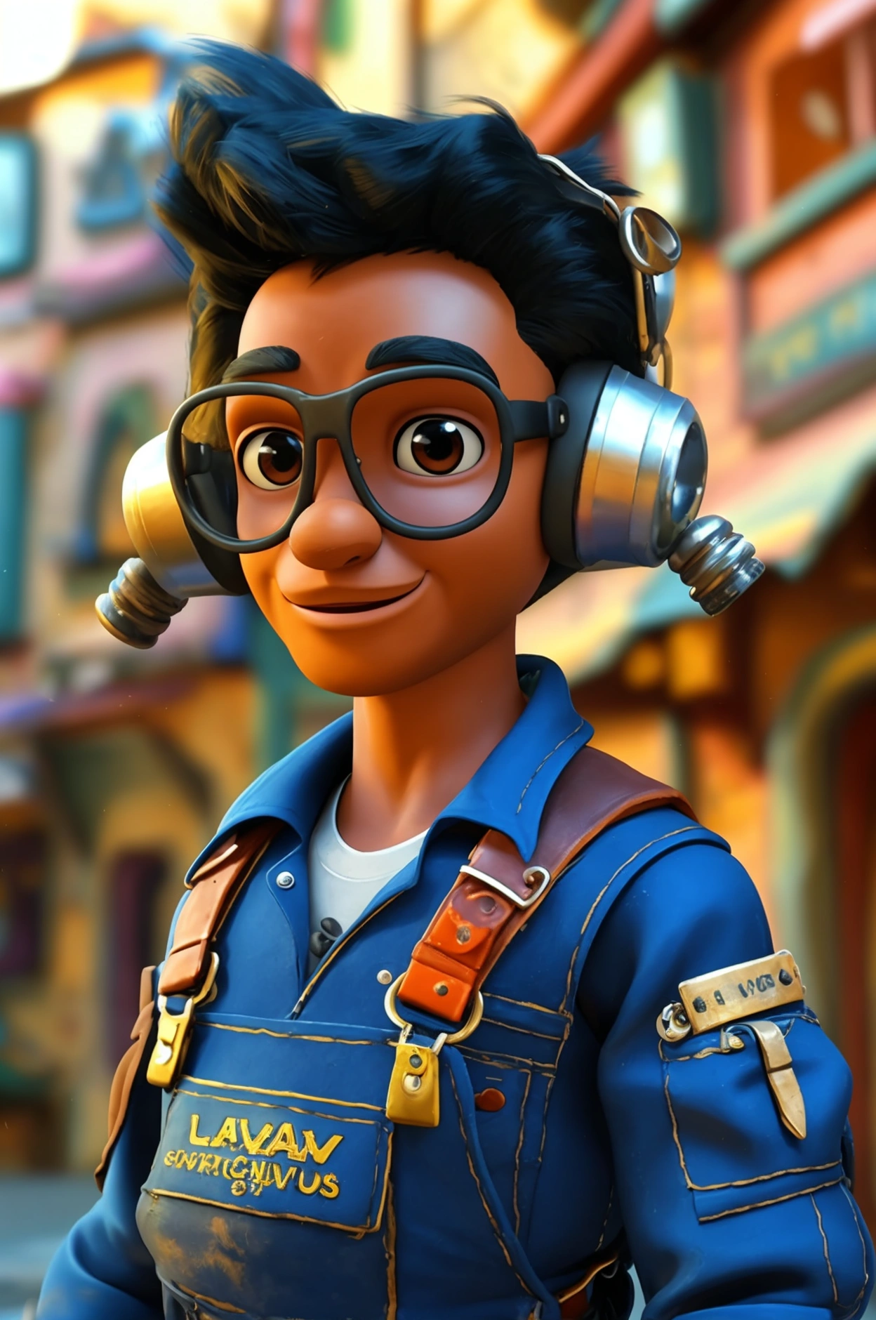 A 3D rendering of a Disney-Pixar style cartoon character, with a happy black-skinned mechanic. The mechanic is a black man, has a very thin and athletic physique, large, expressive eyes and a wide, rounded nose. He is facing the camera with his hands on his hips. He wears royal blue overalls with pockets, zippers and the “LAAV Serviços AUTOMOTIVOS” logo. He is also wearing blue gloves and a blue cap. His safety glasses hang around his neck and he is WEARING large ear plugs. He is smiling, conveying friendliness and professionalism. The image has a transparent background.