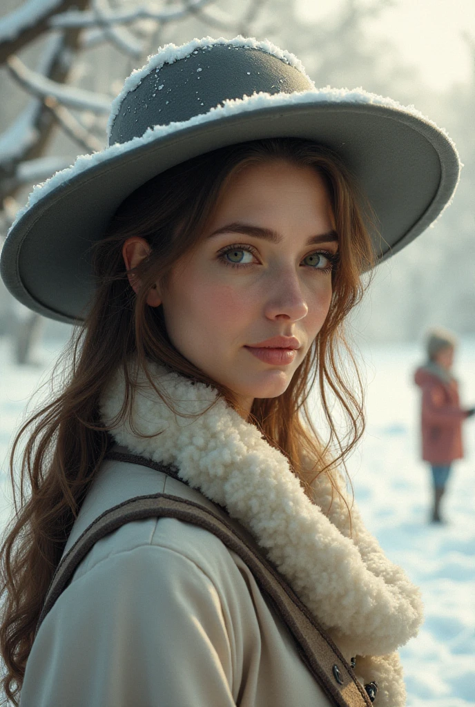 a beautiful middle-aged woman with long hair, a hat on her head, hair sticking out from under the hat, curls. there is a lot of snow in the background, ren are playing