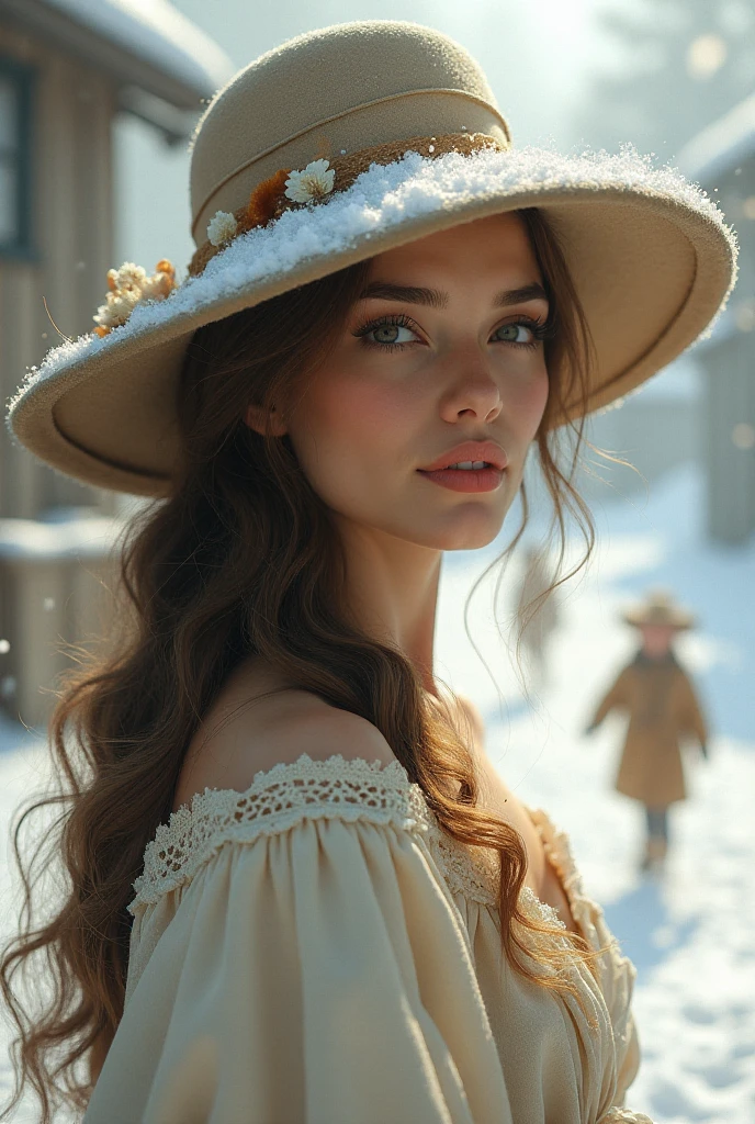 a beautiful middle-aged woman with long hair, a hat on her head, hair sticking out from under the hat, curls. there is a lot of snow in the background, ren are playing