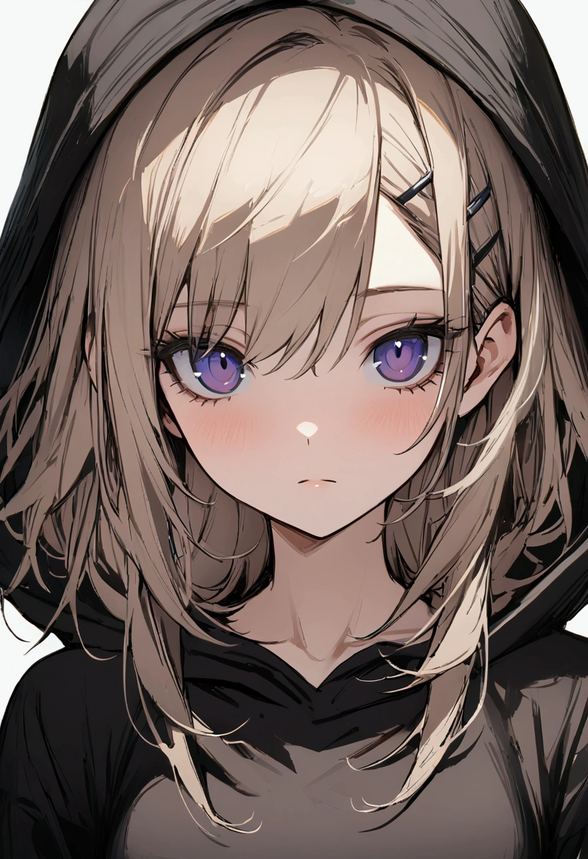 one girl, pretty face, periwinkle eyes, ash blonde, wolf cut hair, chest-length hair, loose fit black hoodie, slim figure, small breasts, kuudere, expressionless, sluggish, close up, masterpiece, best quality