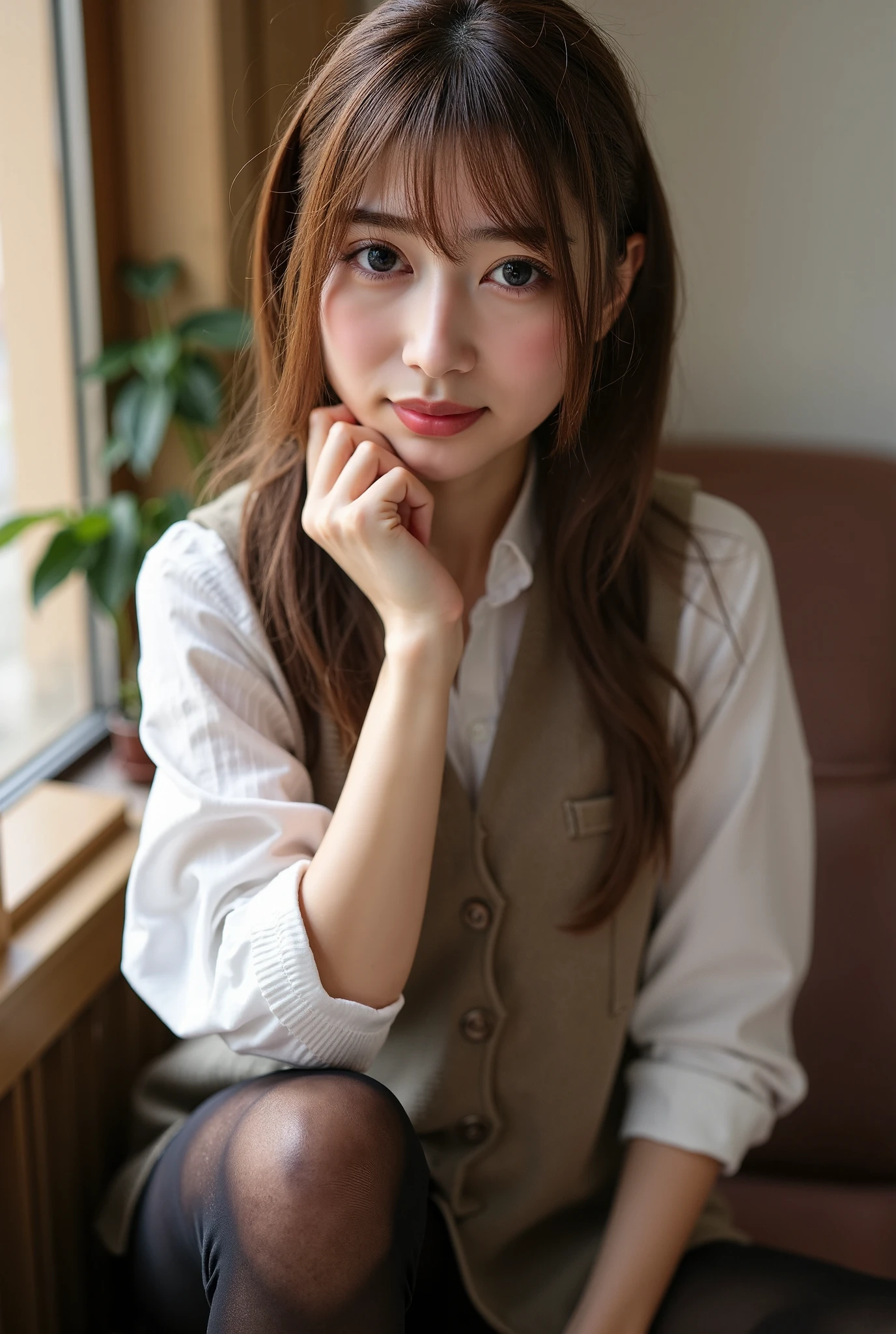 Ulchan-6500-v1.1, (RAW photo:1.2), (Photoreal), a beautiful detailed slender girl, (genuine: 1.4),  beautiful and fine eyes, Vests with various patterns、((Sitting with legs aligned:1.3))、(super realistic pantyhose:1.2), (high heels)、((Business service))、(very affectionate smile:1.2)、huge file size, High resolution, very detailed, highest quality, [masterpiece:1.6], enlightenment, very detailed, finely, highest quality, 8k wallpaper, movie lighting, 1 girl, 26 years old, perfect body shape, Cute droopy eyes、beautiful big eyes、highest quality, 1 girl, eye shadow, Upper body, portrait, ((full body shot:1.3))、