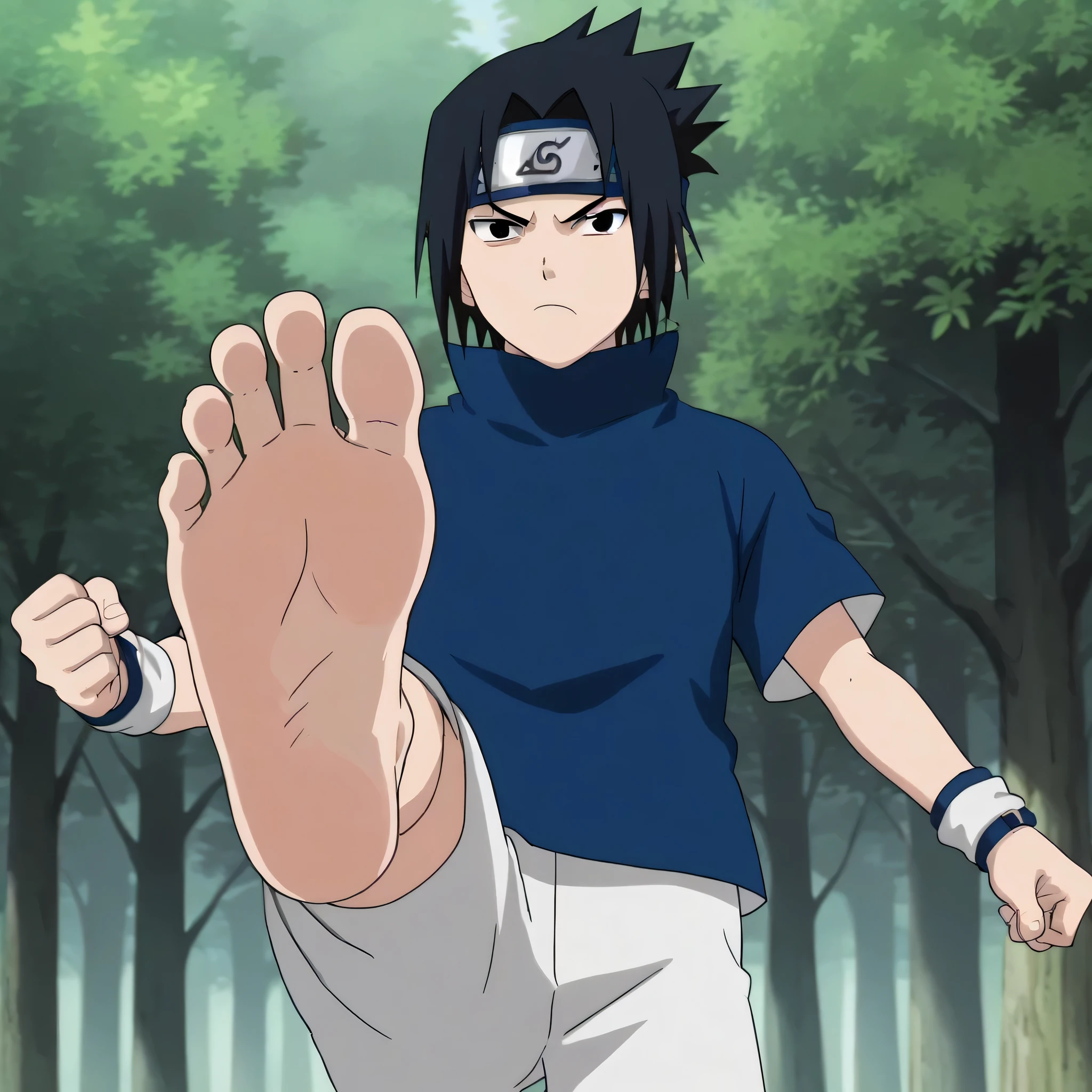 score_9, score_8_up, source_anime,
1boy, Sasuke Uchiha, black hair, short spiky hair, dark eyes, navy blue high-collar shirt, short sleeves, white shorts, clenched hands, alone, looking at viewer, serious expression, standing, cowboy shot, ANIME SCREENCAP, anime coloring, in a forest, barefoot, perfect feet, anatomically correct, soles, low angle, focal length 35mm, each foot has five toes, front, symmetrical soles, foot focus