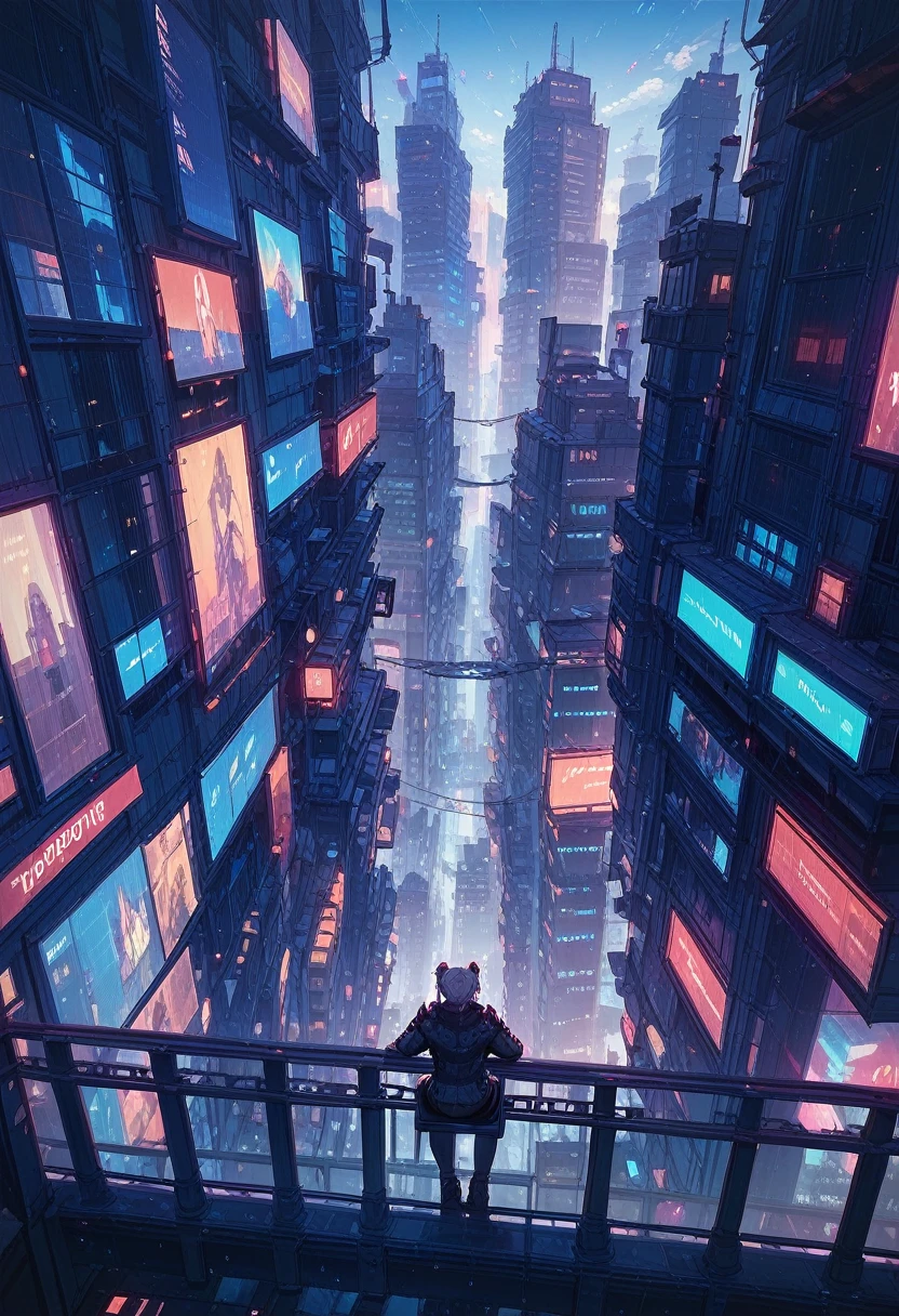 score_9, score_8_up, score_7_up, score_6_up, masterpiece, high quality, cyberpunk, city, many signboards, 1girl, sitting on the balcony, perspective view