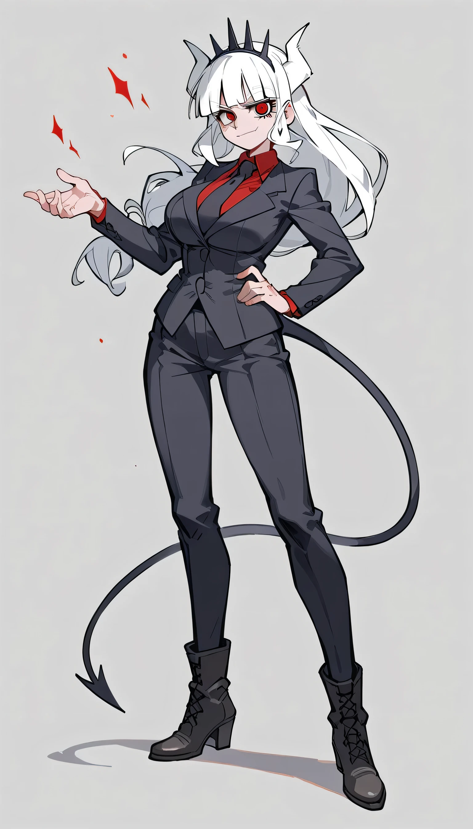 Masterpiece, Best quality, Masterpiece, Best quality, 1 woman , Lucifer (Helltaker) , Long white hair , Red eyes. , Sly face , Suit , กางเกงLong legs , Big Breasts , , abdomen , Long legs , Put your hands on your hips.. , Boots , Full body , I only see the penis..