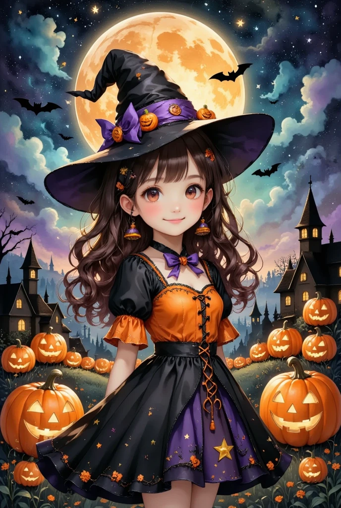 (masterpiece, best quality:1.2), cute girl wearing a Halloween witch costume,,Dynamic Pose,smiling, Alone, Anatomically Correct , perfect anatomy,Beautiful as a dream,Halloween Background,Night Sky