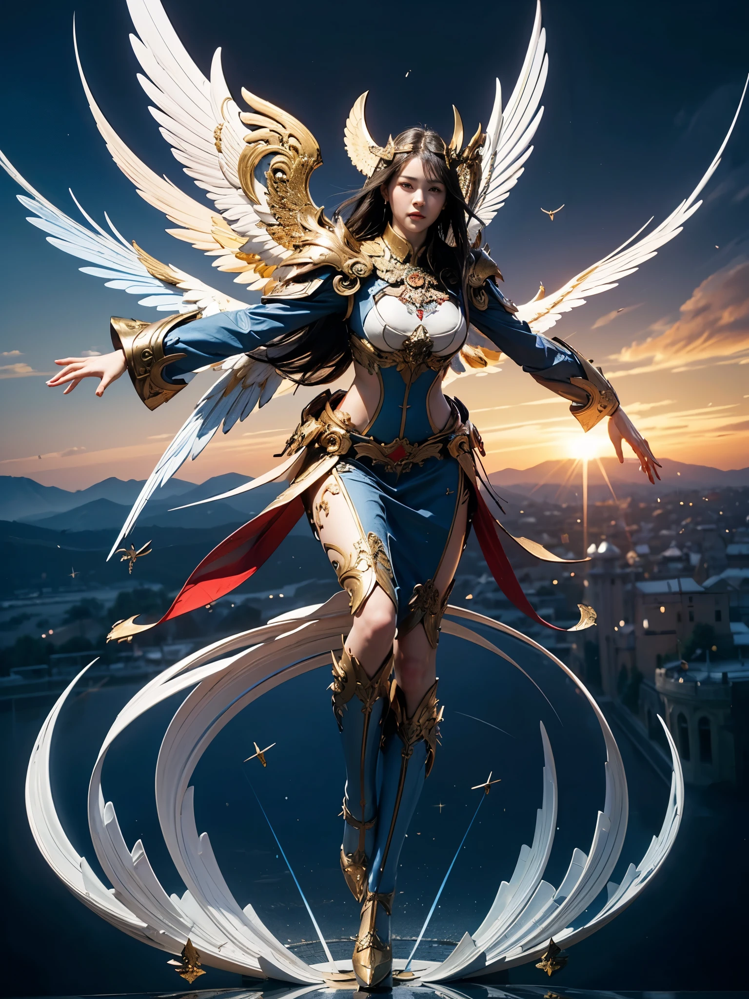 (masterpiece, highest quality, Realistic photos), ((Angel floating in the air;1.4)), A very cute Japanese woman, A complex copper and brass mechanical armor with a Hawk and eagle motif., Beautiful big angel wings, (The wings are symmetrically paired;1.5), ((Carrying an aura of bright blue flame)), White tone, A little bit of blue and red and yellow accents, Angel falling from the sky, floating in the sky, Extremely intricate details, Posing on the medieval castle walls at sunset, Long Shot, narrow body, hourglass body, medium breasts, thin waist, flat belly, Thin and beautiful thighs, beautiful legs,
