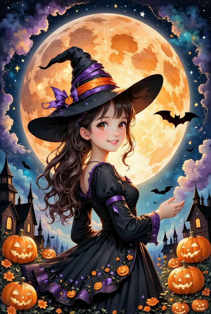 (masterpiece, best quality:1.2), cute girl wearing a Halloween witch costume,,Dynamic Pose,smiling, Alone, Anatomically Correct , perfect anatomy,Beautiful as a dream,Halloween Background,Night Sky