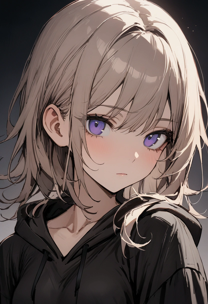 one girl, pretty face, periwinkle eyes, ash blonde, wolf cut hair, chest-length hair, loose fit black hoodie, slim figure, small breasts, kuudere, expressionless, sluggish, close up, masterpiece, best quality