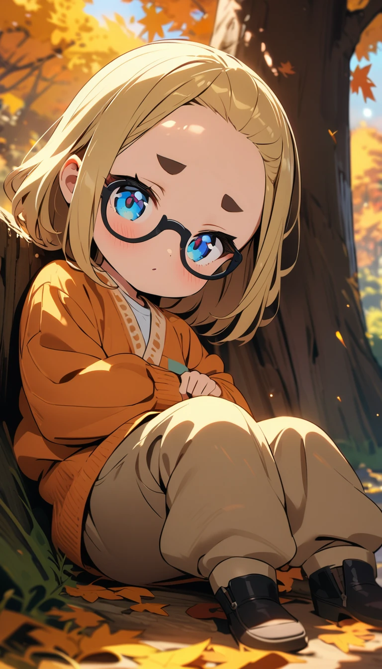 anime style,(best quality,4k,8k,highres,masterpiece:1.2),ultra-detailed, perfect eyes, perfect face, perfect lighting, photo,BREAK,
((loli)),skinny,flat chested,(forehead,hair slicked back:1.3),Beautiful blonde hair,(blue eyes),(black nodoka glasses),thick bluish eyeshadow, thin eyebrows, thick black eyeliner, Highlighted eyes with eyeliner, false eyelashes,BREAK,
orange shaggy knit,(Beige pants above the knee),Knee-high boots,BREAK,
Leaning against a tree with autumn leaves