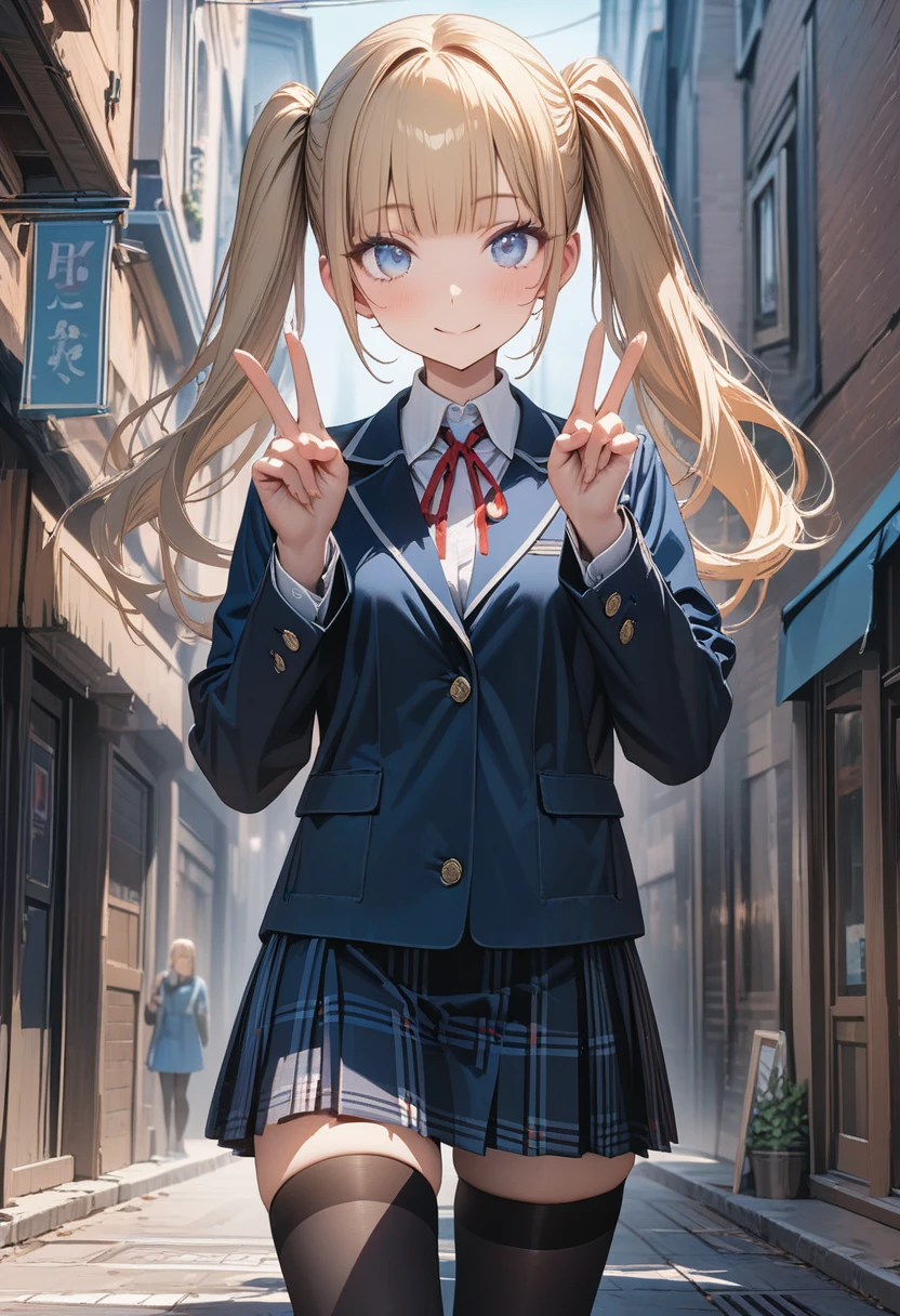 Masterpiece, ultra detailed, 8k, best quality, novel illustration, Around town, 1girl, student uniform,  plaid skirt , slender, Blonde, twin tails, blunt bangs, cute eyes, ultra detailed face,  blue eyes , nice smile, hand peace sign, straight-on, black thighhighs, cowboy shot