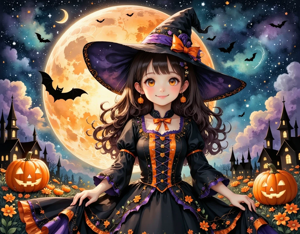 (masterpiece, best quality:1.2), cute girl wearing a Halloween witch costume,,Dynamic Pose,smiling, Alone, Anatomically Correct , perfect anatomy,Beautiful as a dream,Halloween Background,Night Sky