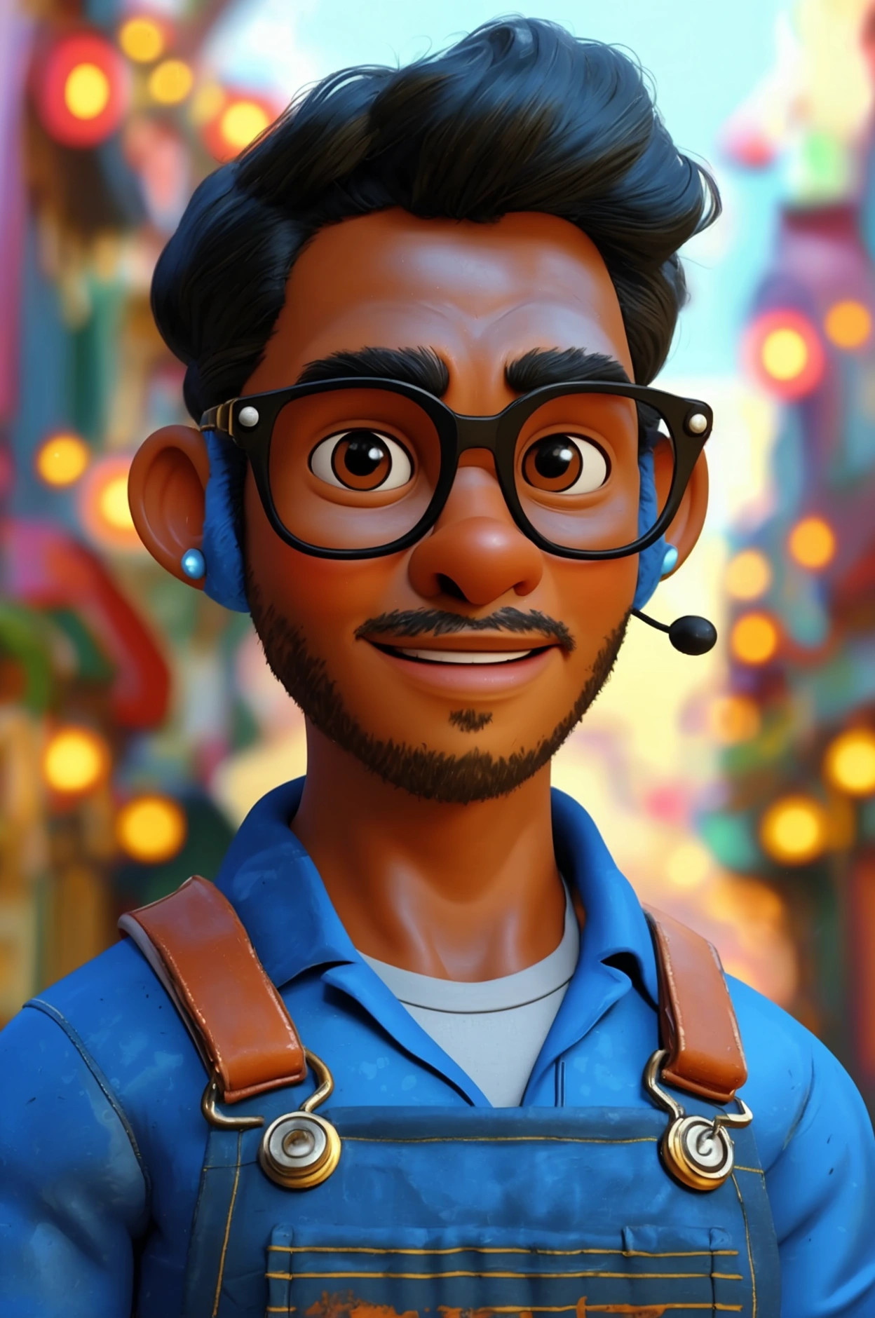 A 3D rendering of a 45-year-old Disney-Pixar style cartoon character with a happy black-skinned mechanic. The mechanic is a black man, has a very thin and athletic physique, large, expressive eyes and a wide, rounded nose. He is facing the camera with his hands on his hips. He wears royal blue overalls with pockets, zippers and the “LAAV Serviços AUTOMOTIVOS” logo. He is also wearing blue gloves and a blue cap. His safety glasses hang around his neck and he is WEARING large ear plugs. He is smiling, conveying friendliness and professionalism. The image has a transparent background.