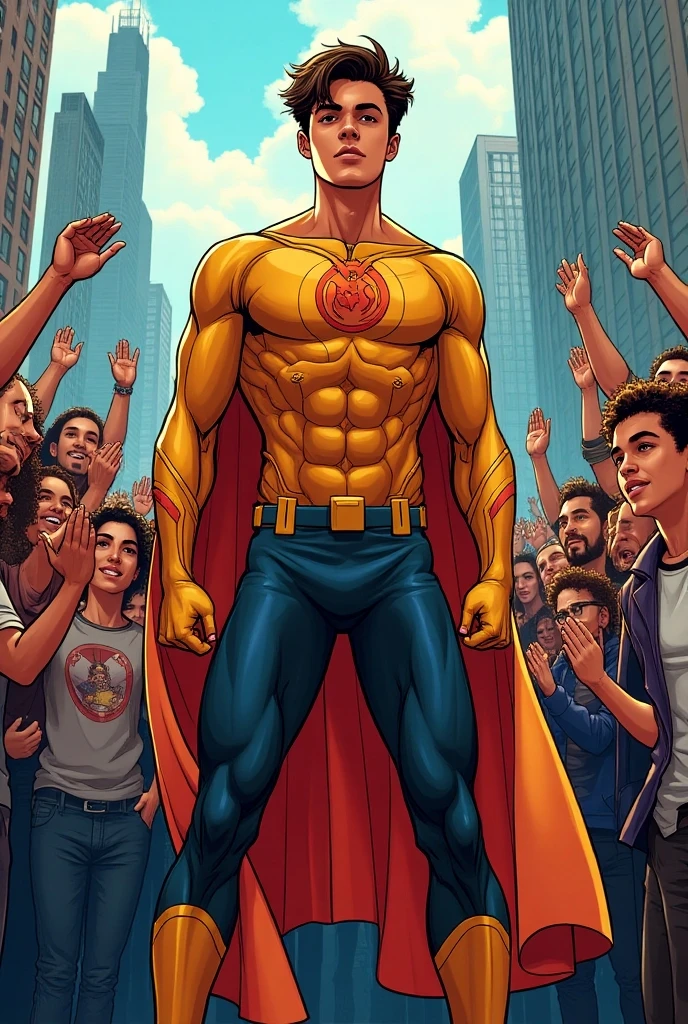  Make an image of a teenage boy in a superhero uniform ,being applauded by many people in the form of a comic cartoon