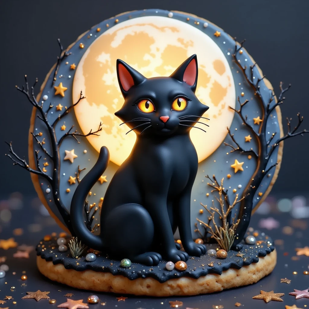 (masterpiece, best quality:1.2), icing cookie, black cat and moon, icon