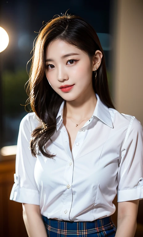 (A stunning Korean lady at night, bedroom, wearing a white button-down short-sleeve blouse, plaid tie, plaid skirt, youthful charms, smooth complexion, beautiful detailed face, beautiful detailed eyes and lips, long eyelashes, slender figure, perfect body proportion, friendly expression, cute dimples, kind smile, short hair, side ponytail, long straight hair, a confident & poised demeanor. 

Blurred background, Bokeh effect. (best quality,4k,8k,highres), (masterpiece:1.28),ultra-detailed,(realistic,photorealistic,photo-realistic:1.37),
HDR,UHD,studio lighting,ultra-fine painting,
sharp focus,physically-based rendering,extreme detail description,professional,vivid colors, SFW, Safe for Work, cowboy shot, head to knee,)