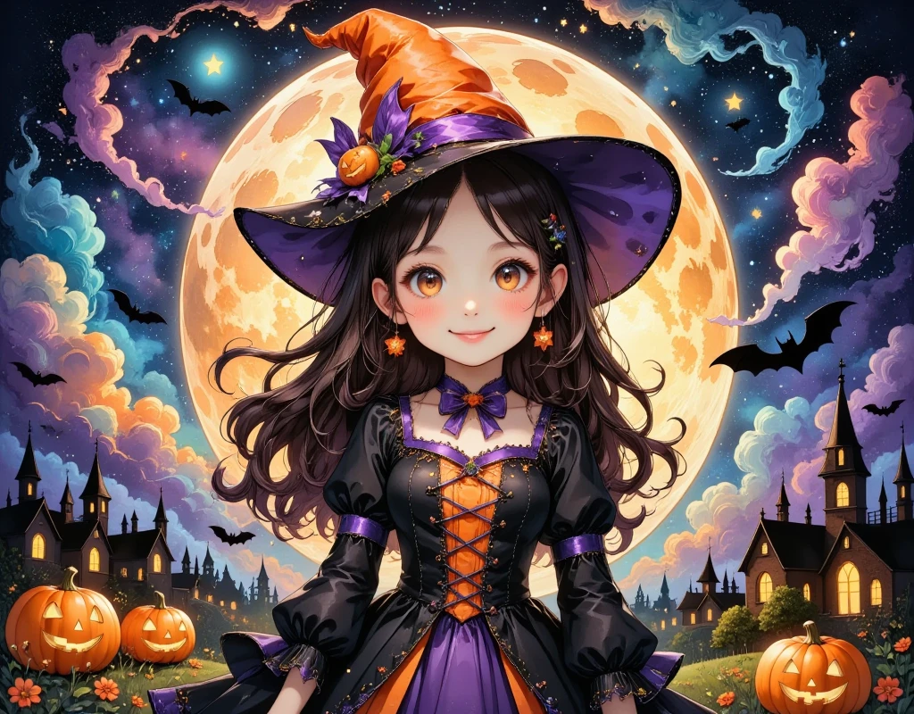 (masterpiece, best quality:1.2), cute girl wearing a Halloween witch costume,,Dynamic Pose,smiling, Alone, Anatomically Correct , perfect anatomy,Beautiful as a dream,Halloween Background,Night Sky