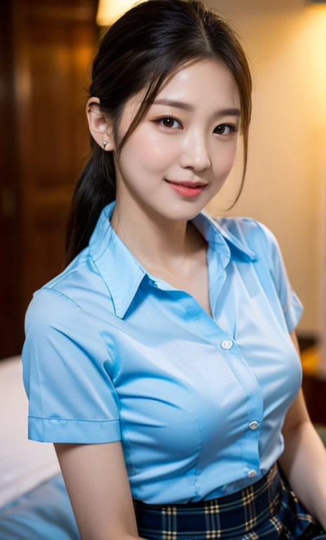 (A stunning Korean lady at night, bedroom, wearing a white button-down short-sleeve blouse, plaid tie, plaid skirt, youthful charms, smooth complexion, beautiful detailed face, beautiful detailed eyes and lips, long eyelashes, slender figure, perfect body proportion, friendly expression, cute dimples, kind smile, short hair, side ponytail, long straight hair, a confident & poised demeanor. 

Blurred background, Bokeh effect. (best quality,4k,8k,highres), (masterpiece:1.28),ultra-detailed,(realistic,photorealistic,photo-realistic:1.37),
HDR,UHD,studio lighting,ultra-fine painting,
sharp focus,physically-based rendering,extreme detail description,professional,vivid colors, SFW, Safe for Work, cowboy shot, head to knee,)