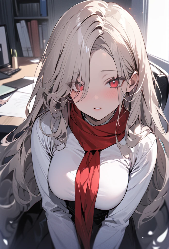 ((masterpiece,High resolution,Highest quality))
(Mature 2,One Light-skinned woman,Very small waist,Big breasts)(erection atmosphere,Seductive eyes)(Black Straight Long hair curled into a curl at the end, Light Red eyes,Sharp Eyes)(Black Voar with white turtleneck under and a Neck Scarf, Emotionless, in the Office)