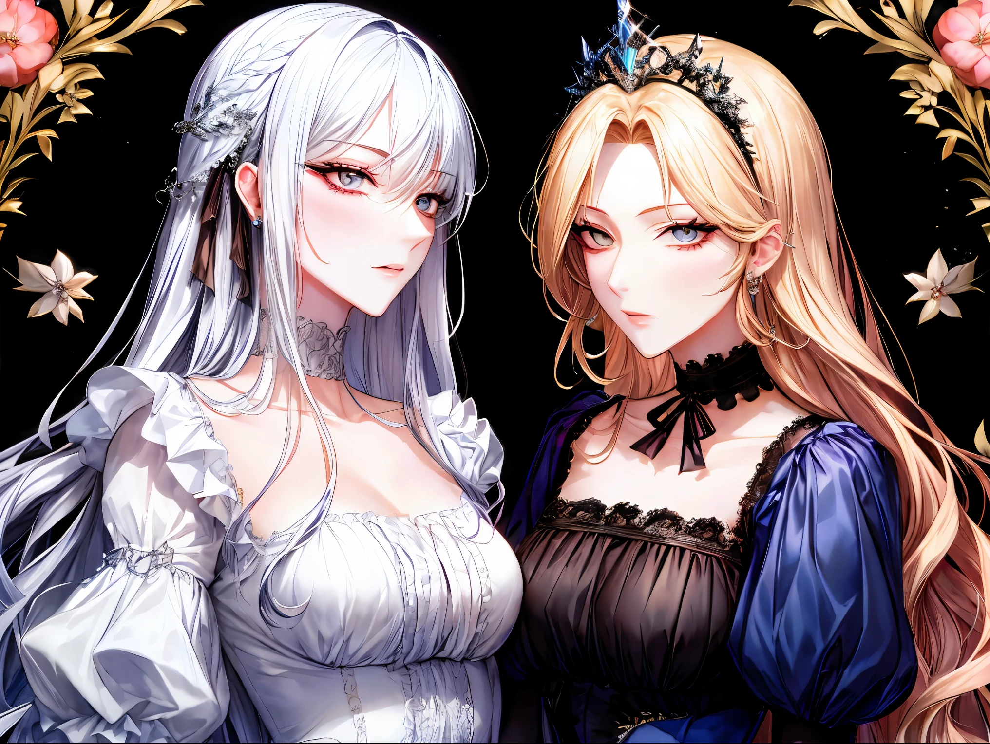 Girl manga style, ( Floral Background), Romance Manga, (2girls:1.2), (Aligned),  silver hair,  blond hair, Alone, Long Hair, flower, dress, ( tiara ), white dress, Gloves,  long sleeve,  choker, mascara, compensate, white Gloves, black bow, black flower,  Wavy Hair, bow,  JEWELRY,  watching viewers , White background, clavicle,  puff sleeves,   silver accessories  ,  upper body, parted bangs, very Long Hair, blue dress, frills, bangs,  closed mouth, Detailed eyes, ( close),   Sparkling Skin ,  Shiny Skin 