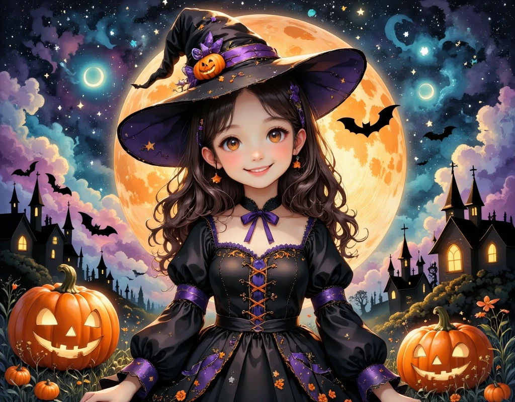 cute girl wearing a Halloween witch costume, (best quality,4k,8k,highres,masterpiece:1.2),ultra-detailed,(realistic,photorealistic,photo-realistic:1.37),1girl,beautiful detailed eyes,beautiful detailed lips,extremely detailed eyes and face,longeyelashes,dynamic pose,smiling,alone,anatomically correct,perfect anatomy,beautiful as a dream,halloween background,night sky,dark fantasy,magical,whimsical,vibrant colors,dramatic lighting,cinematic,fantasy art