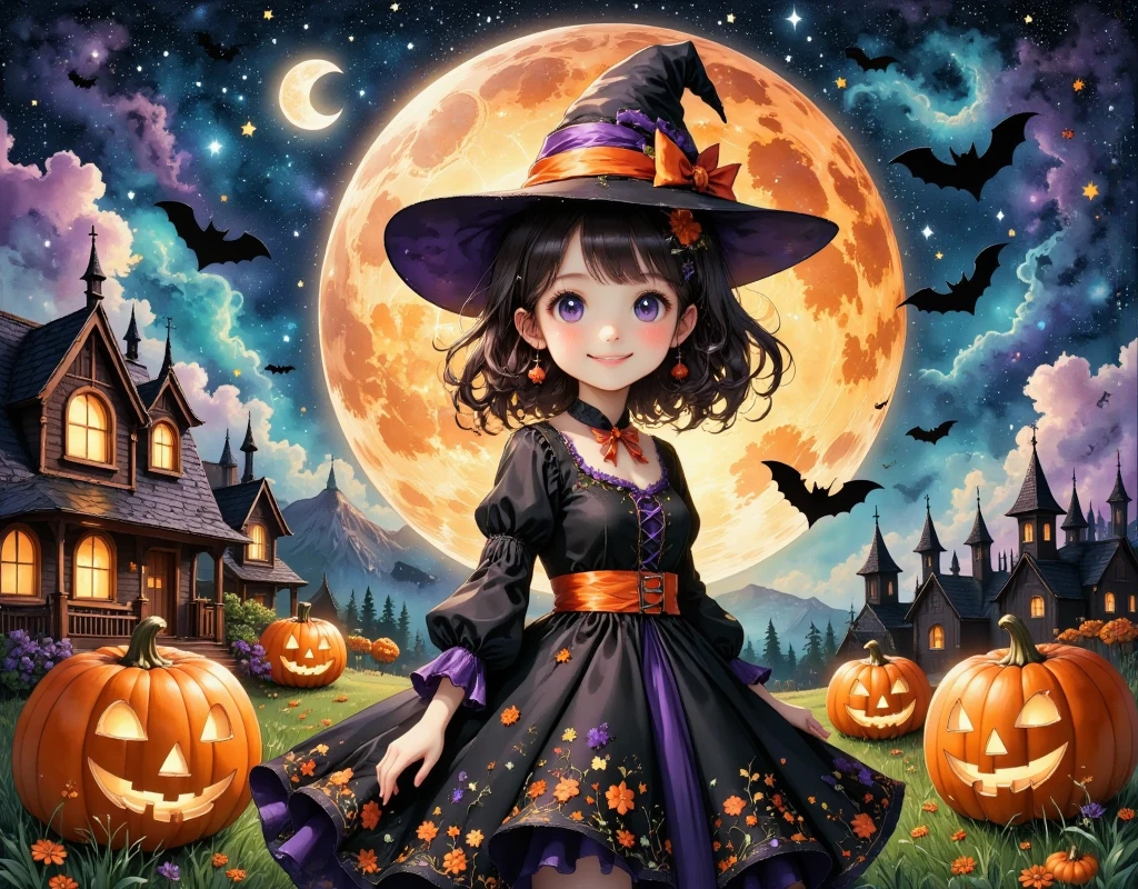 (masterpiece, best quality:1.2), cute girl wearing a Halloween witch costume,,Dynamic Pose,smiling, Alone, Anatomically Correct , perfect anatomy,Beautiful as a dream,Halloween Background,Night Sky