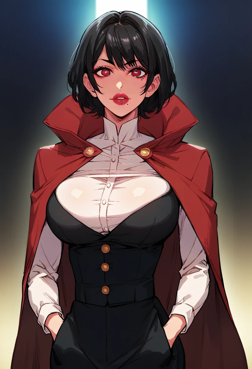 score_9, score_8_up, score_7_up, score_6_up, score_5_up, score_4_up, source_anime, close-up, SFW, 1girl, slim body, [big breast], red eyes, short black hair, pretty lipstick, mole under eye, wearing black tuxedo, red cloak, one hand in pocket, standing on rooftops, 80s night city background, soft lighting, detailed face