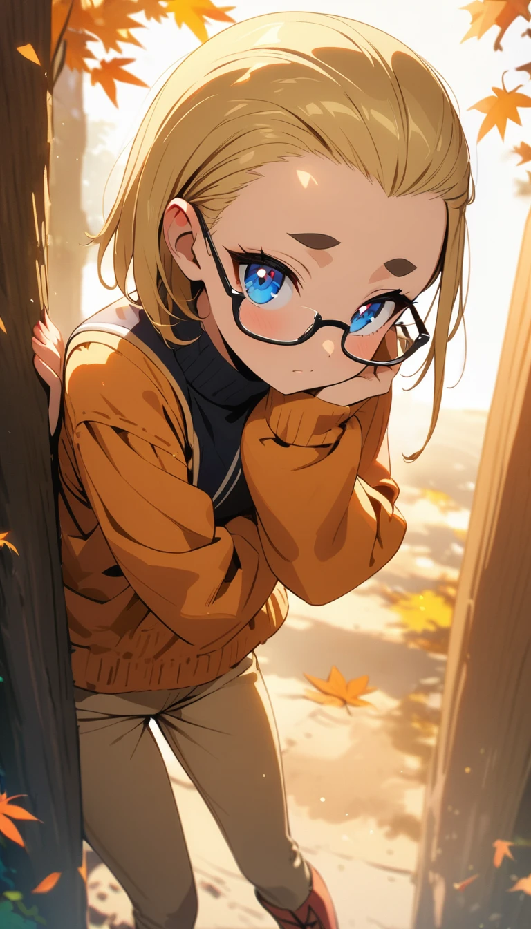 anime style,(best quality,4k,8k,highres,masterpiece:1.2),ultra-detailed, perfect eyes, perfect face, perfect lighting, photo,BREAK,
((loli)),skinny,flat chested,(forehead,hair slicked back:1.3),Beautiful blonde hair,(blue eyes),(black nodoka glasses),thick bluish eyeshadow, thin eyebrows, thick black eyeliner, Highlighted eyes with eyeliner, false eyelashes,BREAK,
orange shaggy knit,(Beige pants above the knee),Knee-high boots,BREAK,
Leaning against a tree with autumn leaves