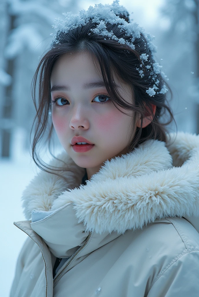 A girl in a snowy winter landscape, beautiful detailed eyes, beautiful detailed lips, extremely detailed eyes and face, long eyelashes, snow, cold, shivering, runny nose, breath, outdoors, solo, Milla Maxwell, (best quality,4k,8k,highres,masterpiece:1.2),ultra-detailed,(realistic,photorealistic,photo-realistic:1.37),landscape,winter,frozen,ice,blizzard,snowflakes,snowstorm,frosty,chilly,freezing,biting cold,bitter wind,shimmering snow,glistening snow,sparkling snow,pristine snow,crisp snow,fluffy snow,thick snow,deep snow,heavy snow,howling wind,swirling snow,icy trees,icy branches,icy ground,icy pond,icy lake,icy river,icy mountains,icy cliffs,icy caverns,icy formations,icy crystals,icy patterns,icy textures,icy details,icy reflections,icy stillness,icy isolation,icy tranquility,icy serenity,icy desolation,icy beauty,icy magnificence,icy grandeur,icy splendor,icy wonder,icy enchantment,icy mystique,icy elegance,icy allure,icy charm,icy grace,icy elegance,icy sophistication,icy refinement,icy exquisiteness,icy delicacy,icy purity,icy clarity,icy luminosity,icy radiance,icy brilliance,icy glow,icy shimmer,icy sparkle,icy luster,icy iridescence,icy opalescence,icy translucency,icy transparency,icy reflection,icy mirroring,icy depth,icy vastness,icy infinity,icy solitude,icy contemplation,icy meditation,icy reverie,icy dream,icy vision,icy fantasy,icy imagination,icy inspiration,icy wonder,icy awe,icy majesty,icy grandeur,icy sublimity,icy ethereality,icy divinity,icy transcendence