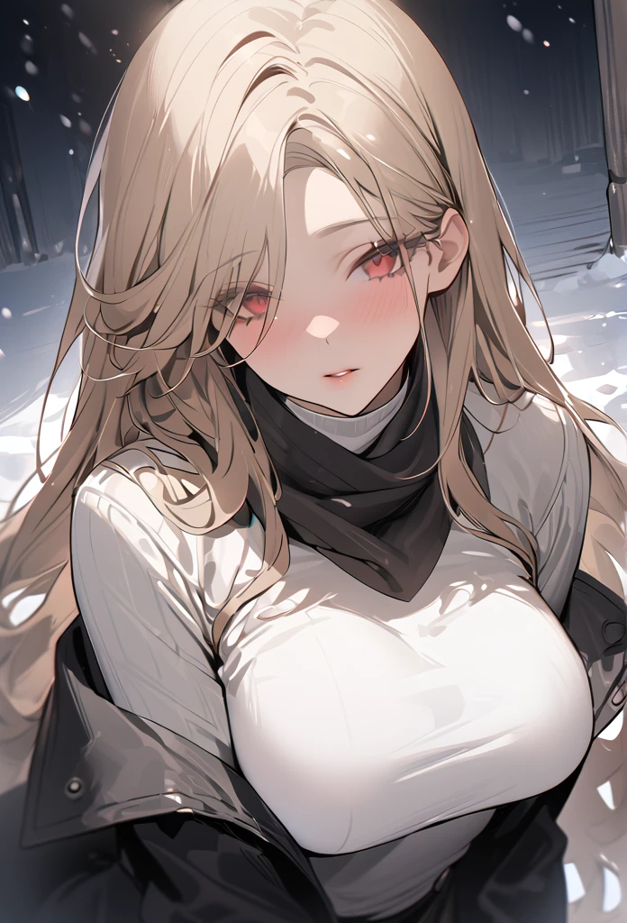 ((masterpiece,High resolution,Highest quality))
(Mature 2,One Light-skinned woman,Very small waist,Big breasts)(erection atmosphere,Seductive eyes)(Black Straight Long hair curled into a curl at the end, Light Red eyes,Sharp Eyes)(Black coat with white turtleneck under and a Neck Scarf, Emotionless, outside Snowing)