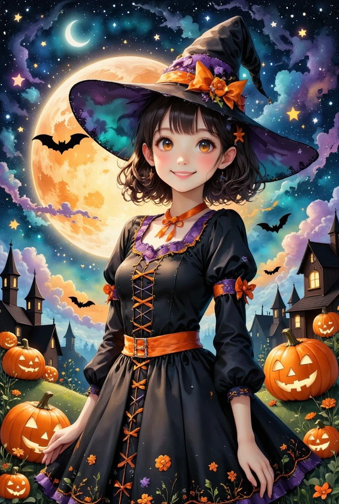 (masterpiece, best quality:1.2), cute girl wearing a Halloween witch costume,,Dynamic Pose,smiling, Alone, Anatomically Correct , perfect anatomy,Beautiful as a dream,Halloween Background,Night Sky