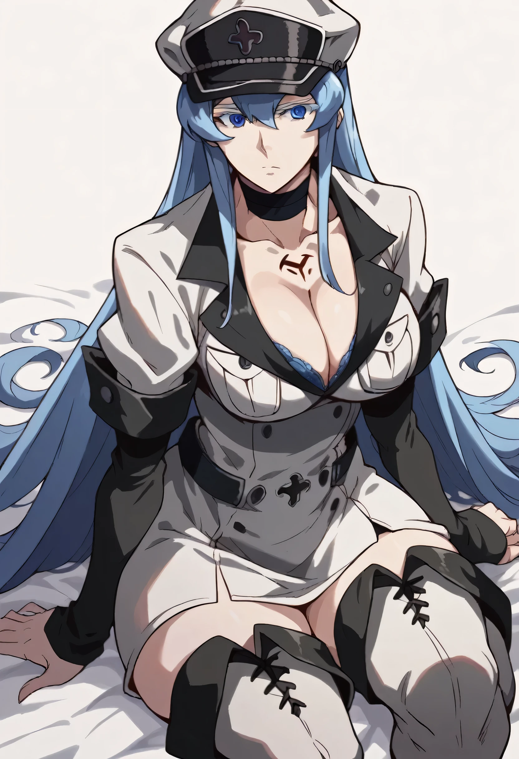 esdeath, blue eyes, blue hair, long hair, eyelashes, boots, choker, cleavage, collarbone, hat, military, military uniform, peaked cap, thigh boots, thighhighs, uniform, big breasts, huge cleavage, bra peek