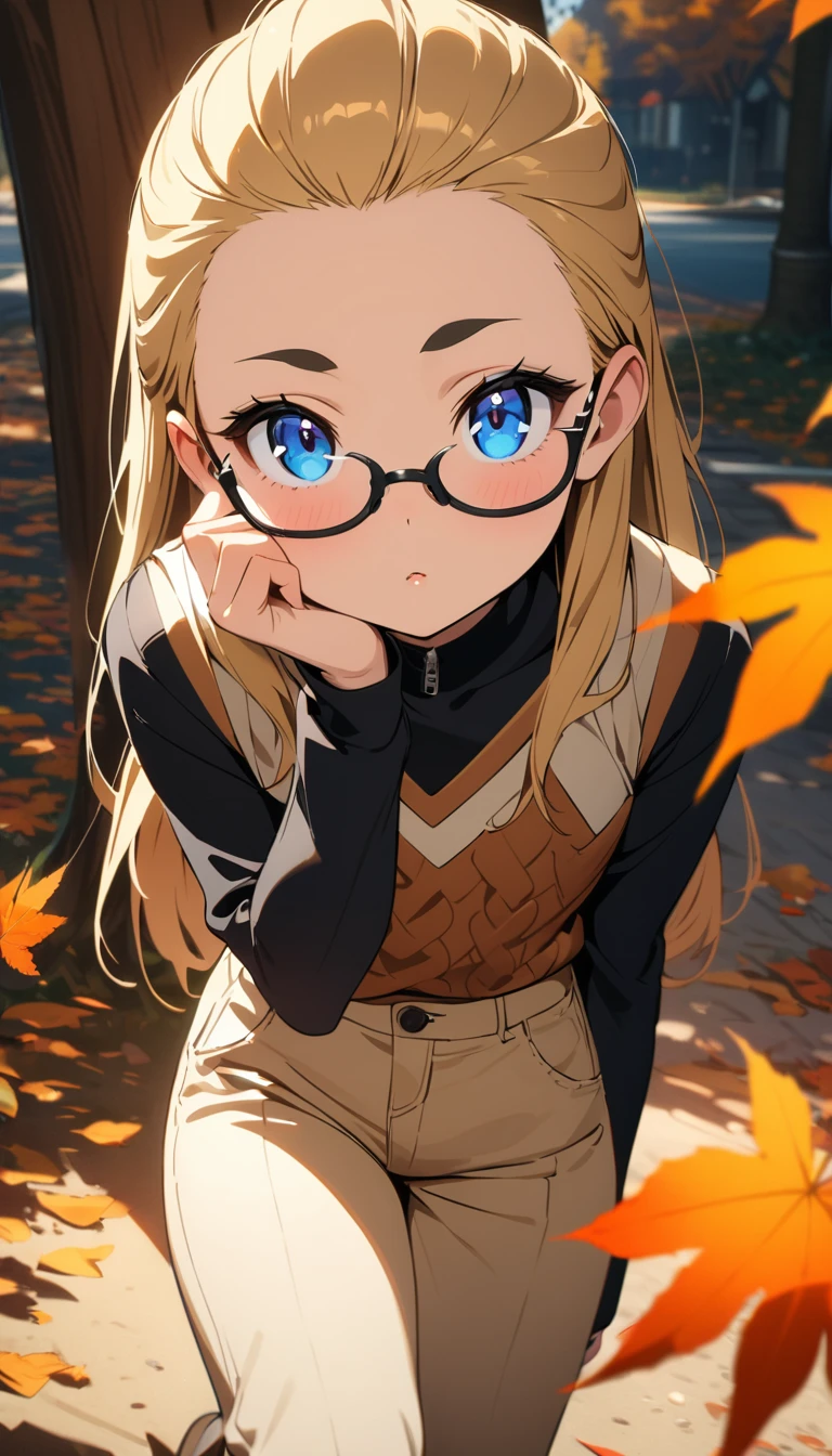 anime style,(best quality,4k,8k,highres,masterpiece:1.2),ultra-detailed, perfect eyes, perfect face, perfect lighting, photo,BREAK,
((loli)),skinny,flat chested,(forehead,hair slicked back:1.3),Beautiful blonde hair,(blue eyes),(black nodoka glasses),thick bluish eyeshadow, thin eyebrows, thick black eyeliner, Highlighted eyes with eyeliner, false eyelashes,BREAK,
orange shaggy knit,(Beige pants above the knee),Knee-high boots,BREAK,
Leaning against a tree with autumn leaves