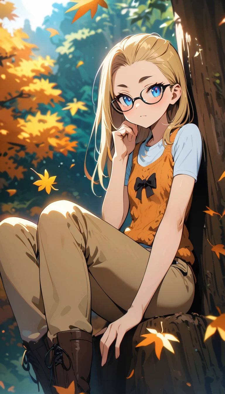 anime style,(best quality,4k,8k,highres,masterpiece:1.2),ultra-detailed, perfect eyes, perfect face, perfect lighting, photo,BREAK,
((loli)),skinny,flat chested,(forehead,hair slicked back:1.3),Beautiful blonde hair,(blue eyes),(black nodoka glasses),thick bluish eyeshadow, thin eyebrows, thick black eyeliner, Highlighted eyes with eyeliner, false eyelashes,BREAK,
orange shaggy knit,(Beige pants above the knee),Knee-high boots,BREAK,
Leaning against a tree with autumn leaves